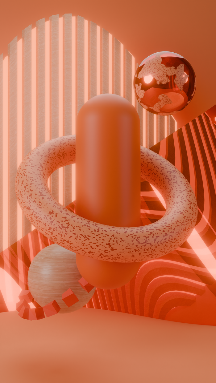 A visually striking composition of 3D geometric shapes in vibrant orange hues.